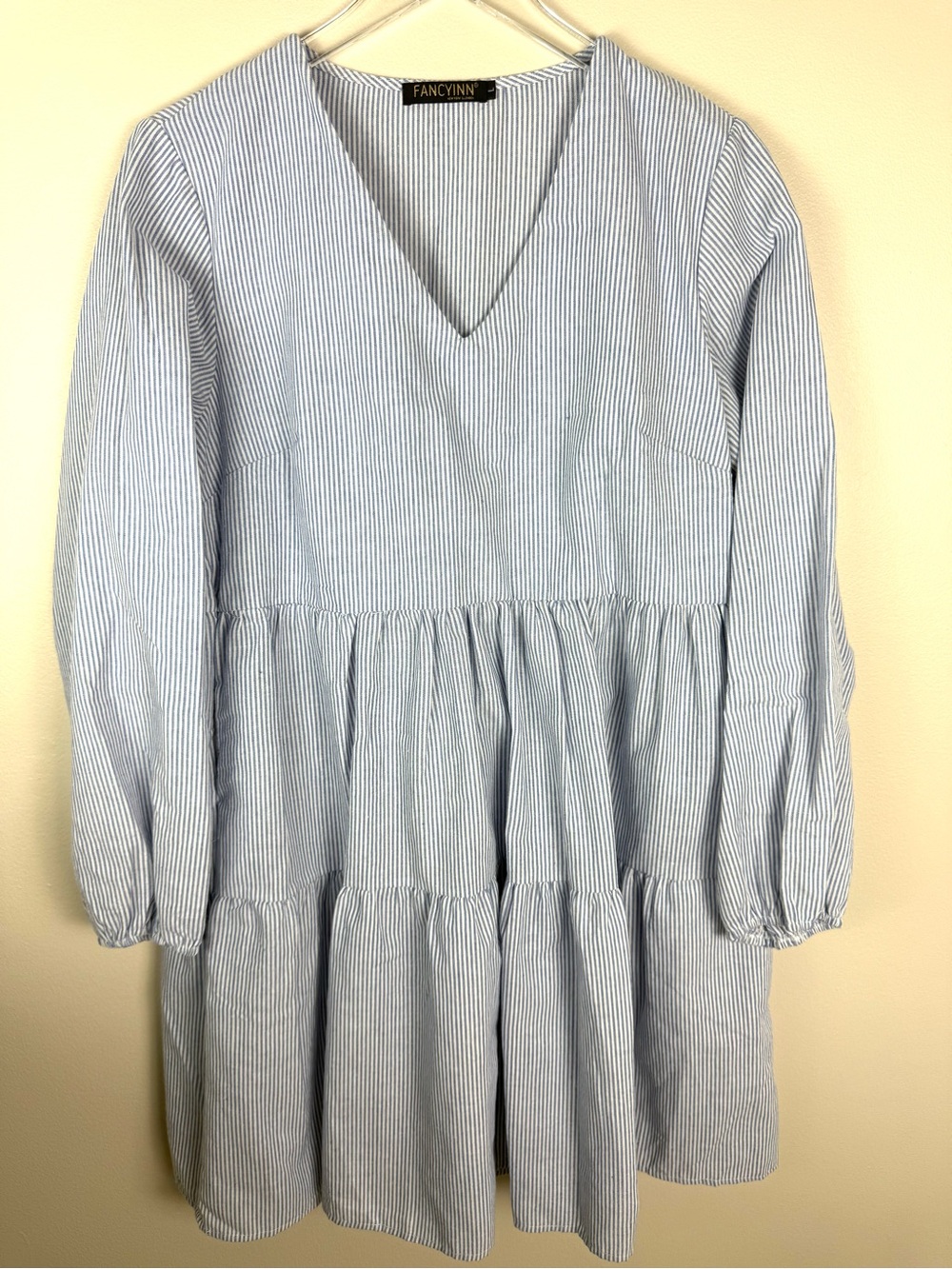 Fancyinn Light Blue & White Pinstripe V-Neck Tiered Casual Dress